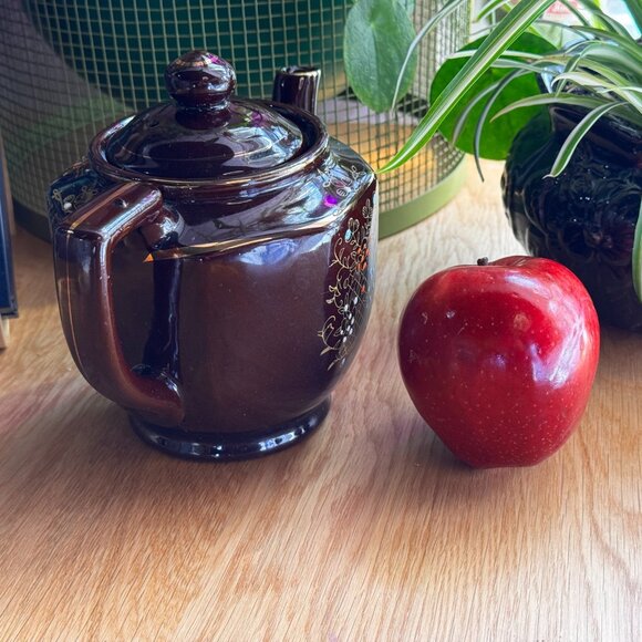 Moriage Style Ceramic Redware Teapot, Brown Flora, Vintage Pre-War Japan - Picture 3 of 16
